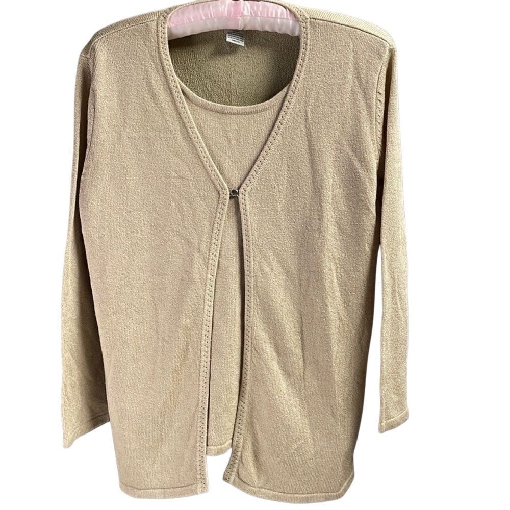 SAG HARBOR Women’s Faux Layered Cardigan Sweater Size Small Tan